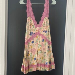 Urban Outfitters Cream Floral Mini Dress with Pink Lace Trim